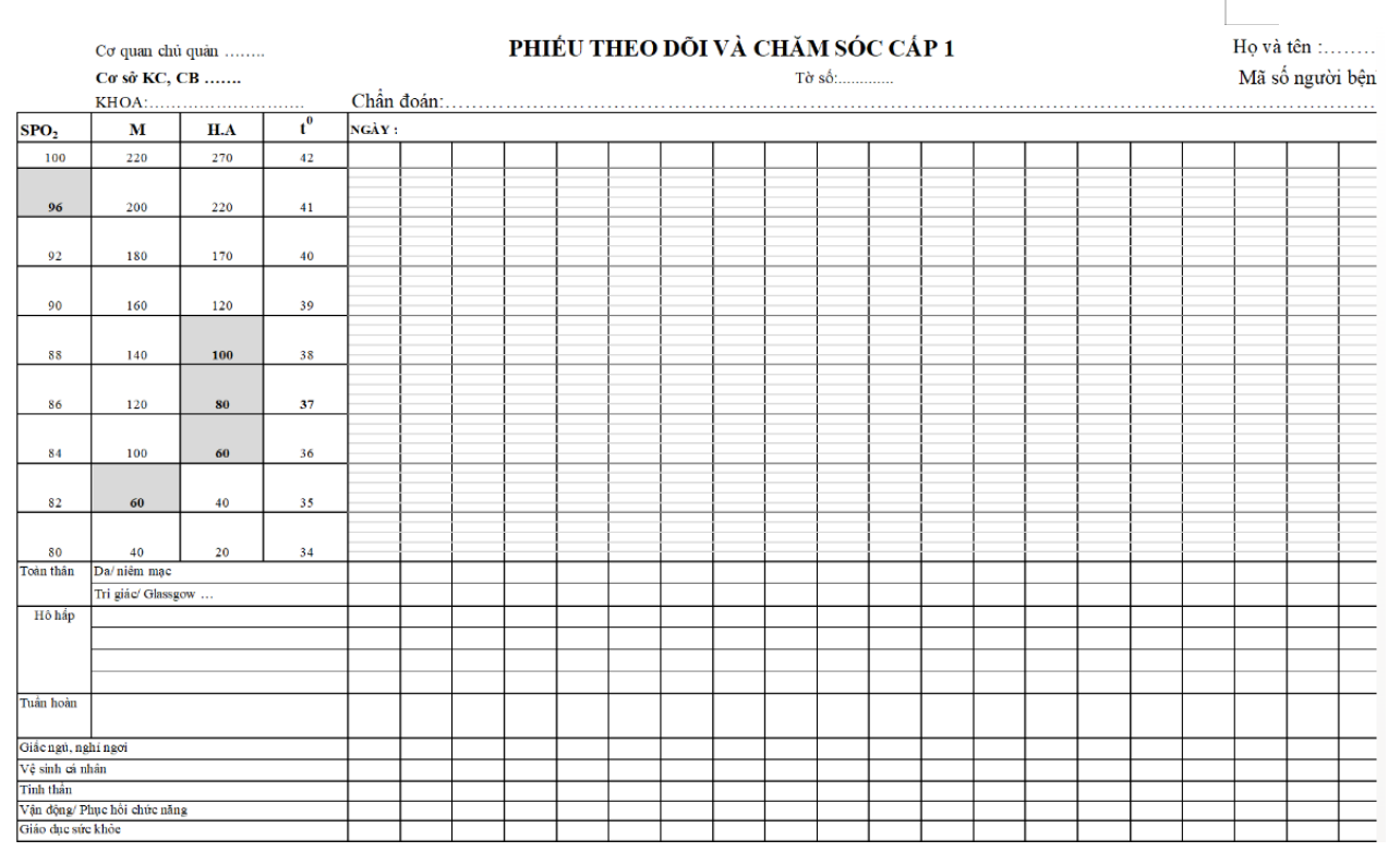 Mẫu phiếu chăm sóc bệnh nhân cấp 1