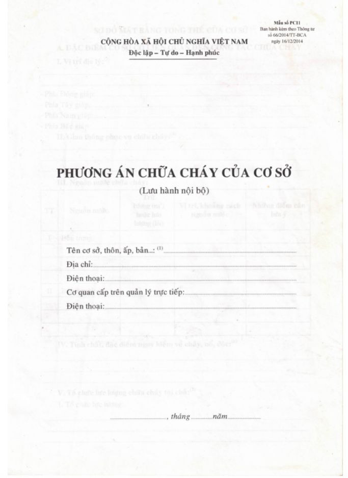 Mẫu Phương án chữa cháy PC11 theo Thông tư 66 để tham khảo