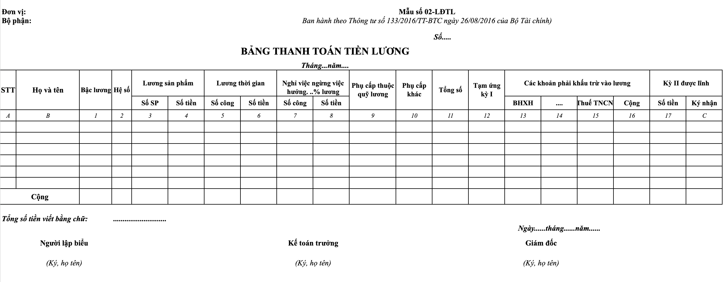 Mẫu bảng thanh toán tiền lương excel theo thông tư 133