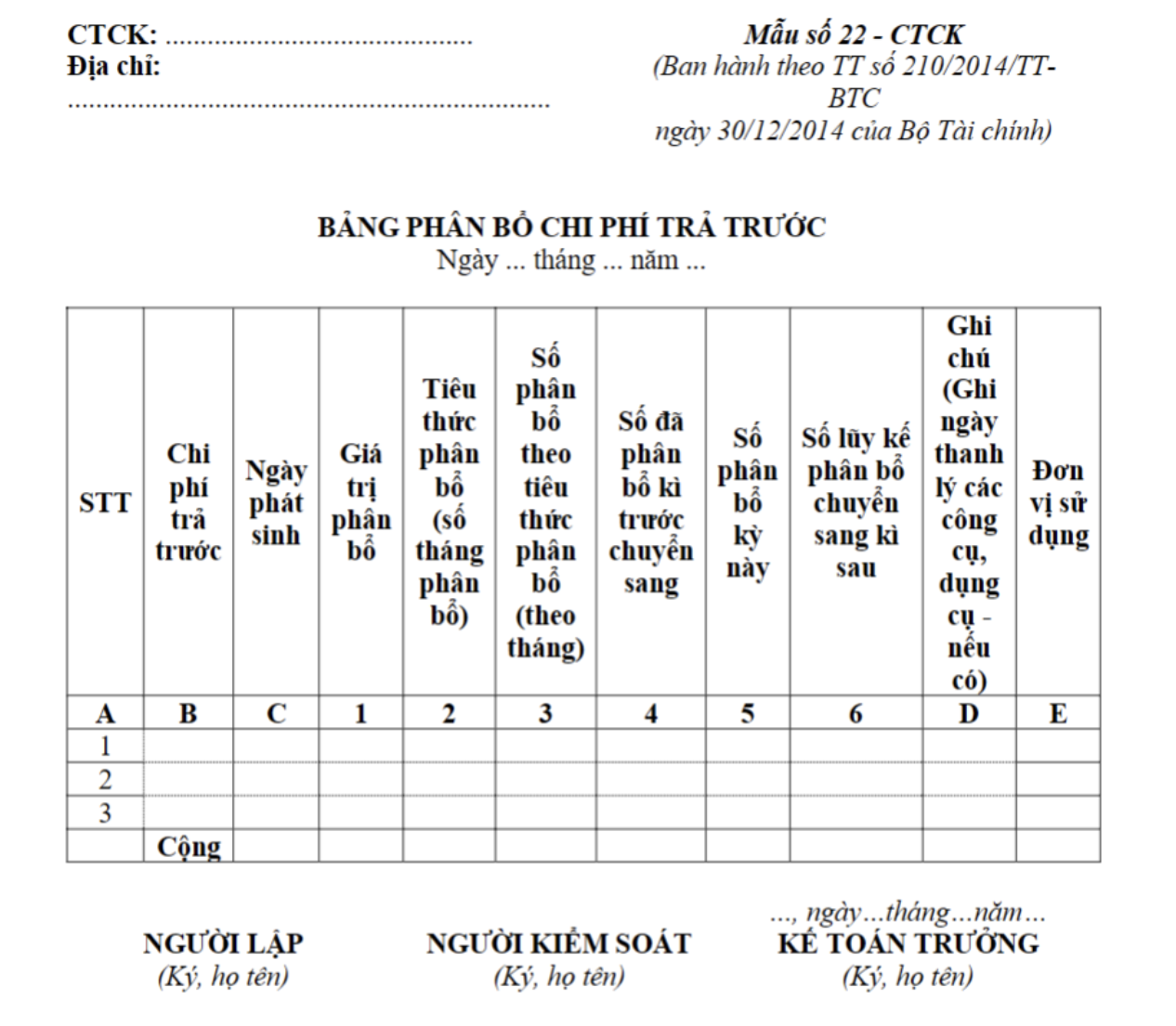Mẫu bảng phân bổ chi phí trả trước dùng trong chứng từ kế toán của công ty chứng khoán