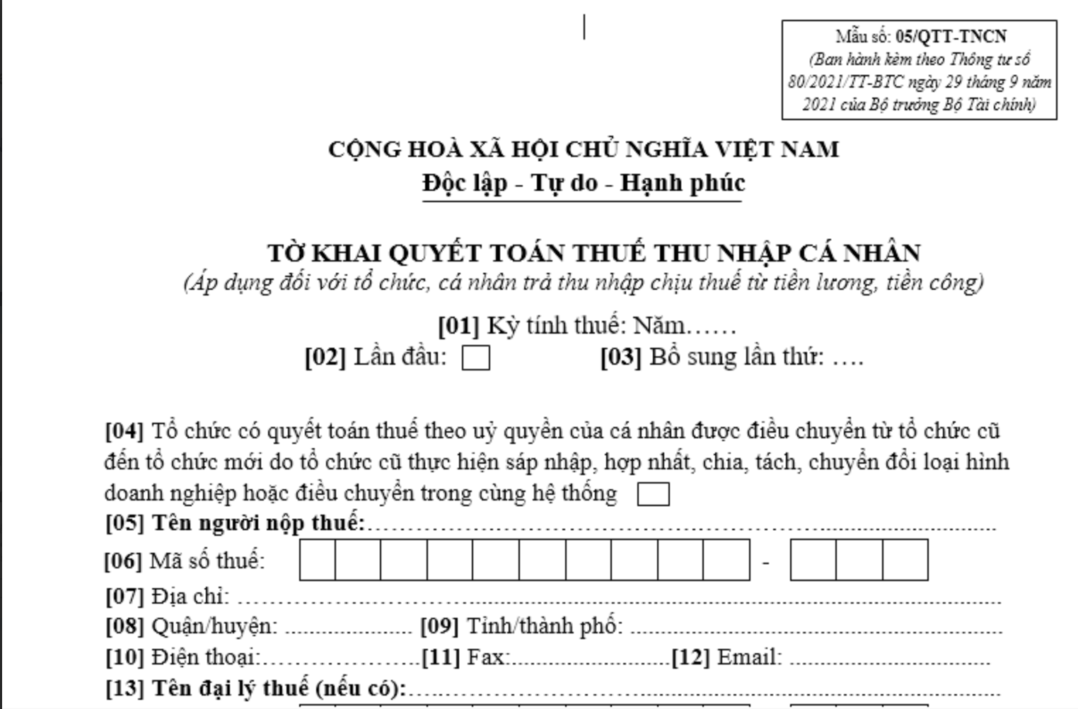 Mẫu tờ khai quyết toán thuế TNCN