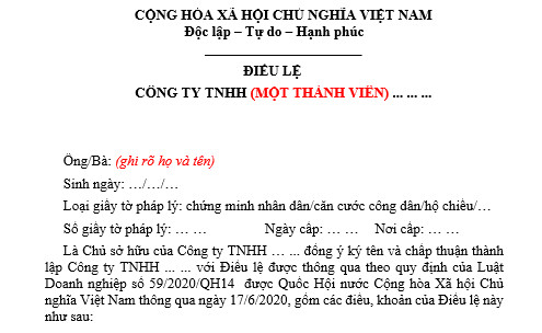 Mẫu điều lệ công ty TNHH 1 thành viên mới nhất 