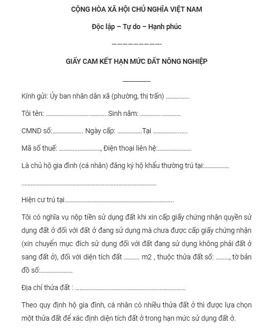 GIẤY CAM KẾT HẠN MỨC ĐẤT NÔNG NGHIỆP