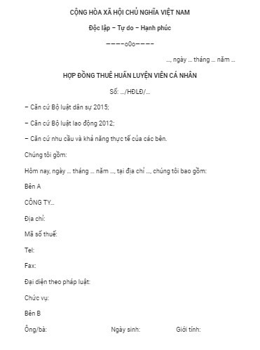 Hợp đồng thuê huấn luyện viên cá nhân