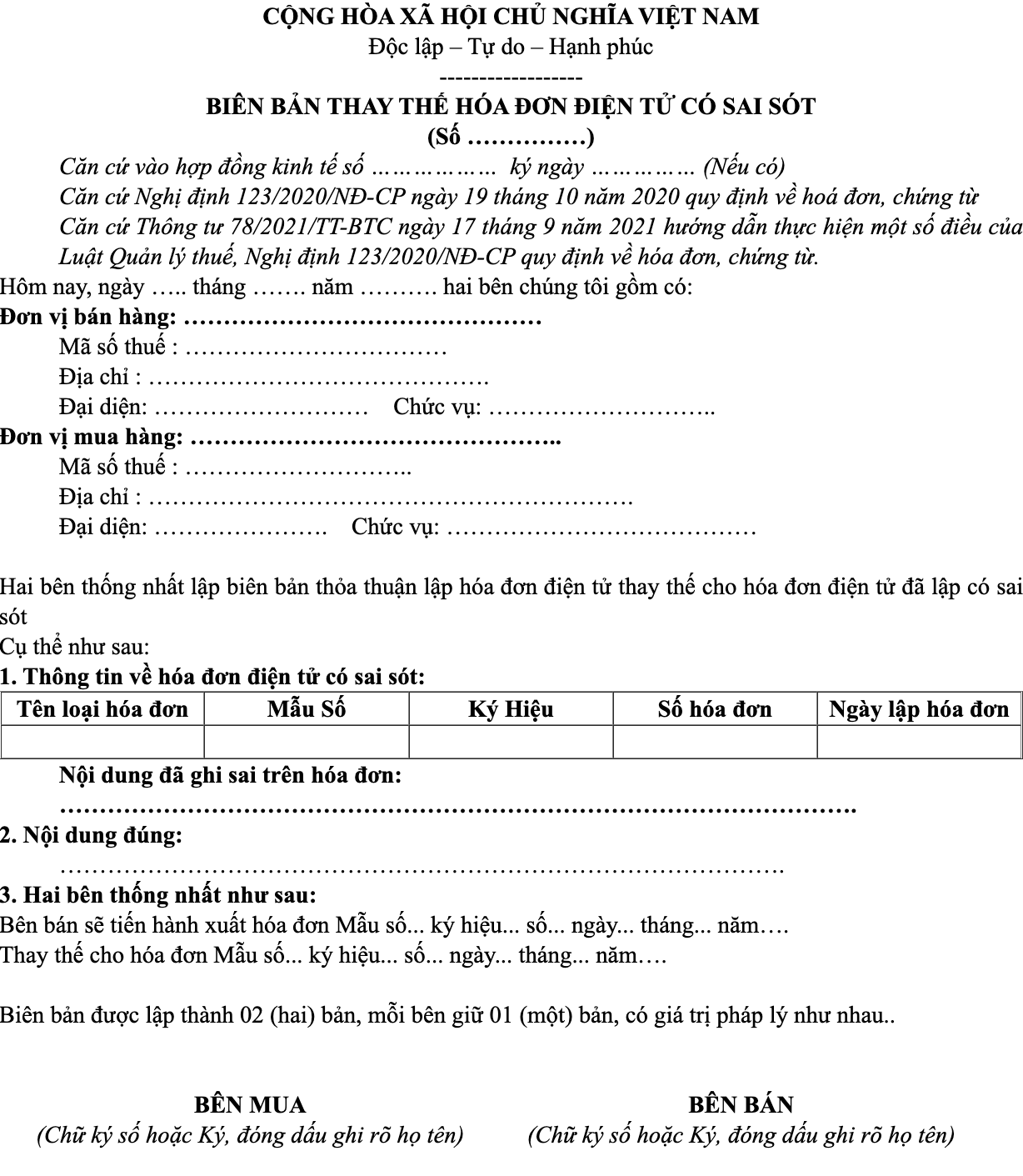 Mẫu biên bản thay thế hóa đơn điện tử theo Nghị định 123 mới nhất