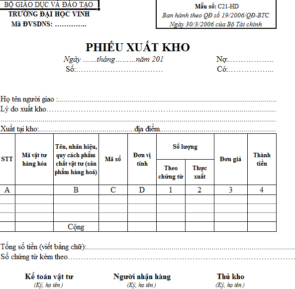 Mẫu số C21-HD Mẫu Phiếu xuất kho theo Quyết định 19/2006/QĐ-BTC