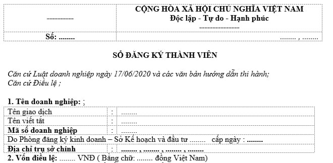 Mẫu sổ đăng ký thành viên của công ty TNHH