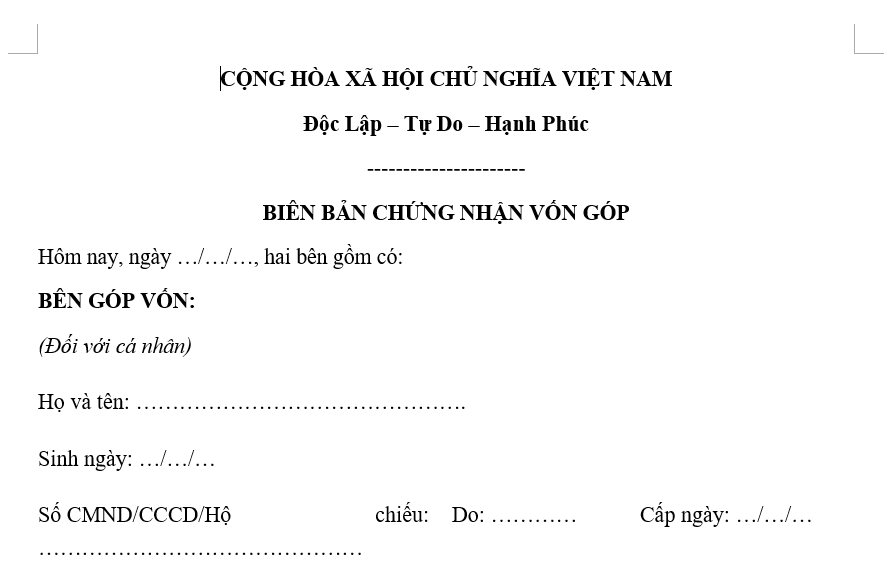 Mẫu biên bản góp vốn công ty TNHH một thành viên