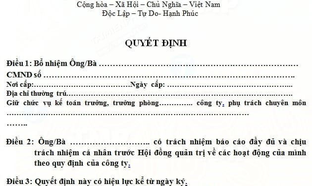 Mẫu quyết định bổ nhiệm kế toán trưởng công ty TNHH MTV