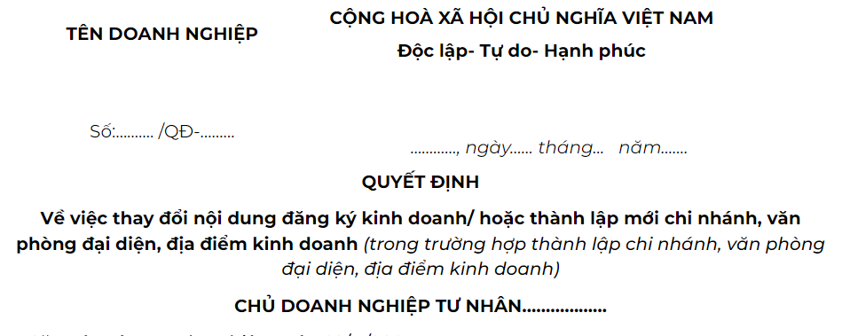 Mẫu quyết định thành lập doanh nghiệp tư nhân