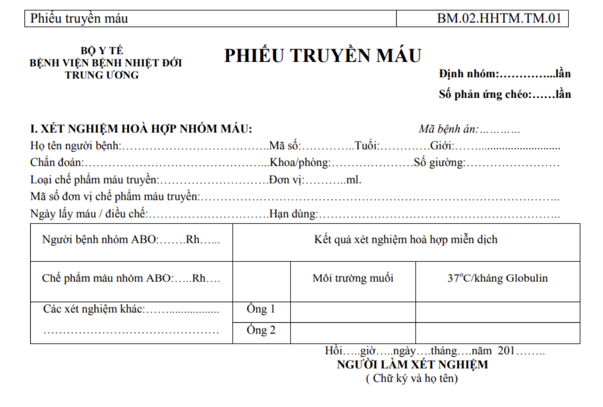 Mẫu phiếu truyền máu, xác nhận bệnh nhân cần truyền máu