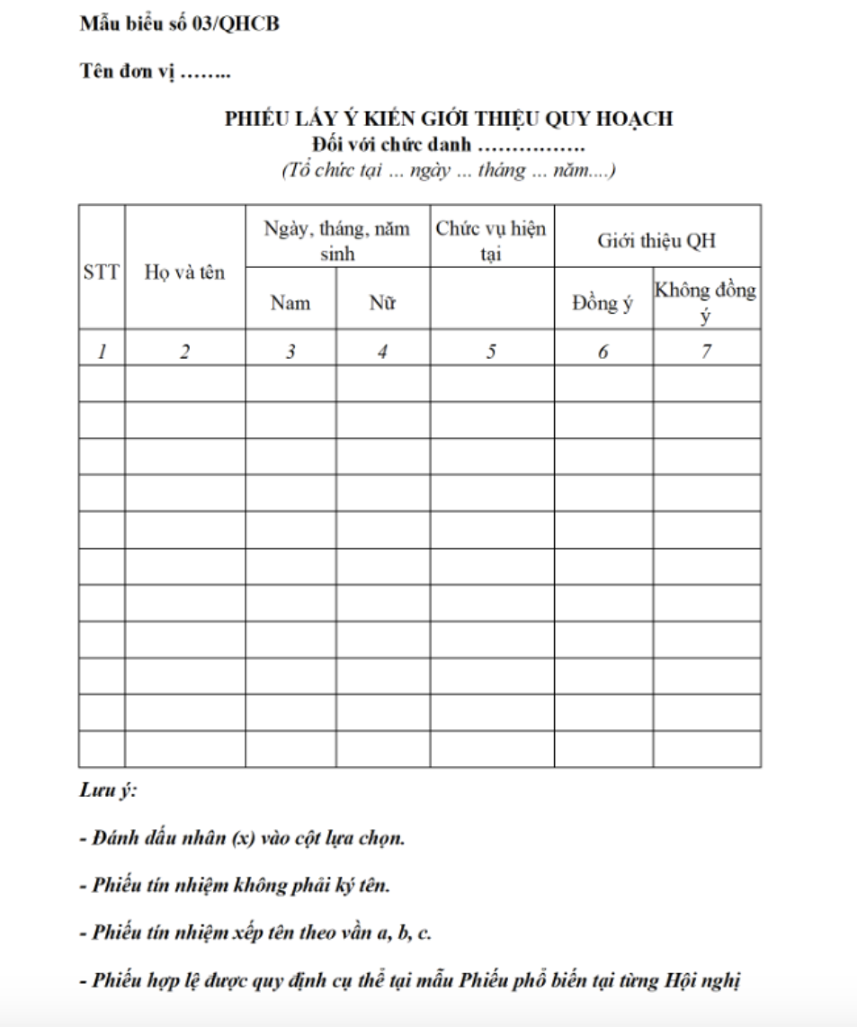 Mẫu phiếu lấy ý kiến giới thiệu quy hoạch cán bộ của Bộ Tài chính
