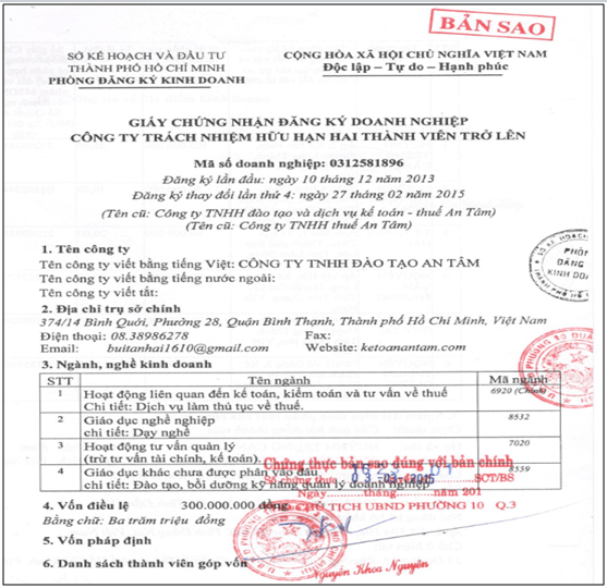 Bản sao giấy đăng ký kinh doanh