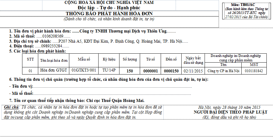 Mẫu thông báo phát hành hóa đơn