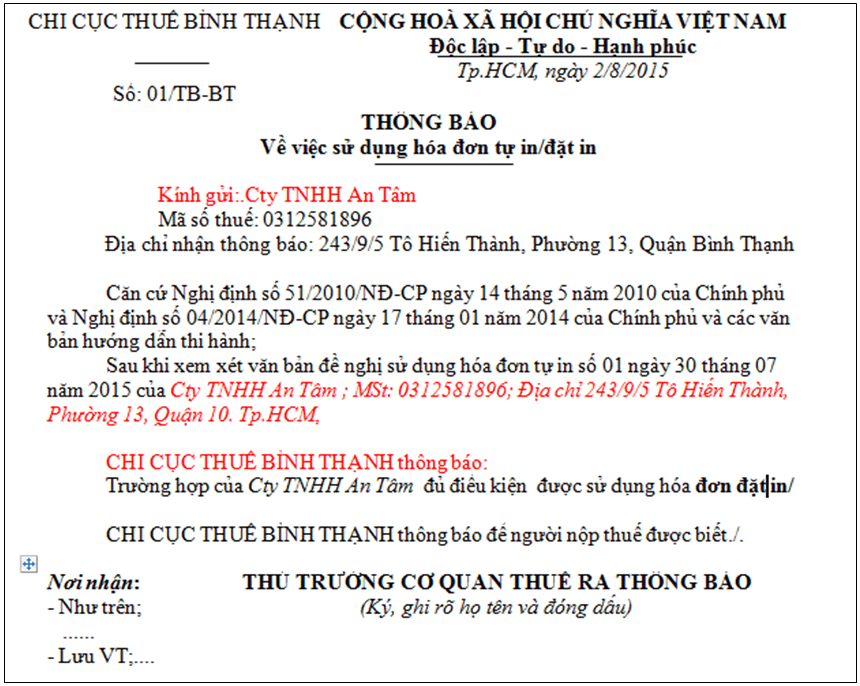 Thông báo về việc cho phép doanh nghiệp được đặt in hóa đơn