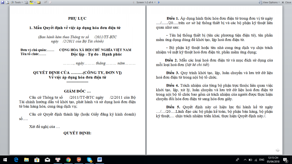 Mẫu quyết định sử dụng hóa đơn điện tử