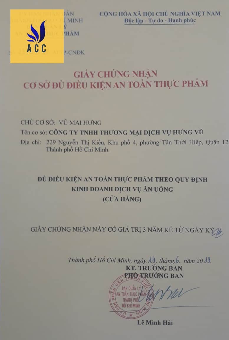 Giấy chứng nhận vệ sinh an toàn thực phẩm quán trà sữa của Công Ty