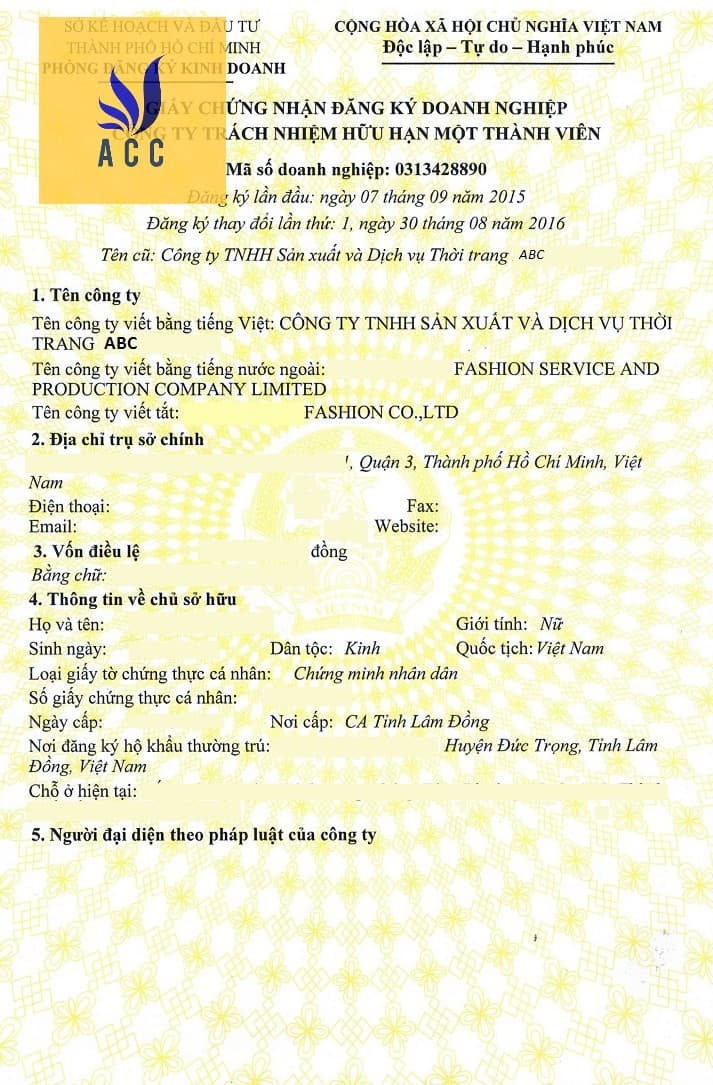 Giấy phép kinh doanh công ty quần áo thời trang