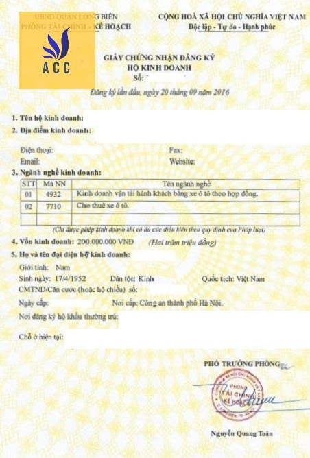Giấy phép kinh doanh hộ cá thể cho thuê xe