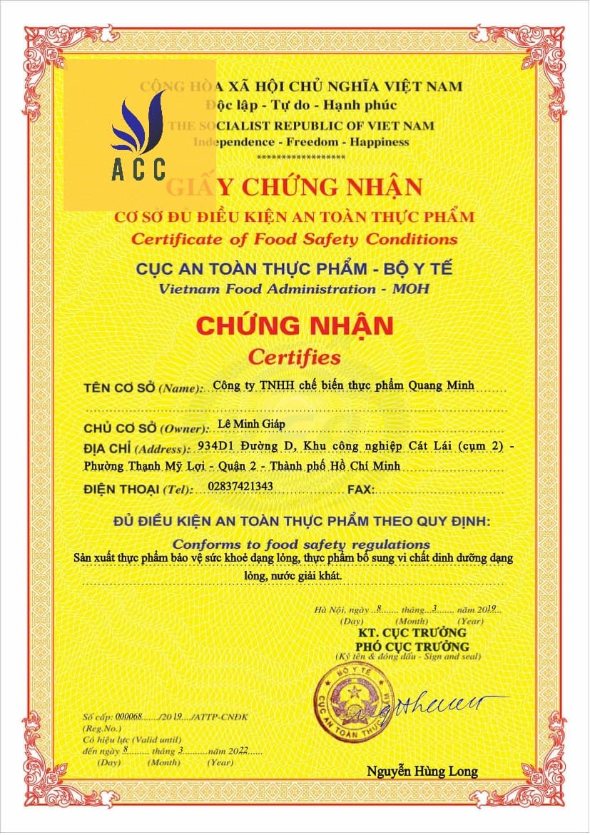 Mẫu giấy chứng nhận vệ sinh an toàn thực phẩm của Cục ATPP Bộ Y Tế