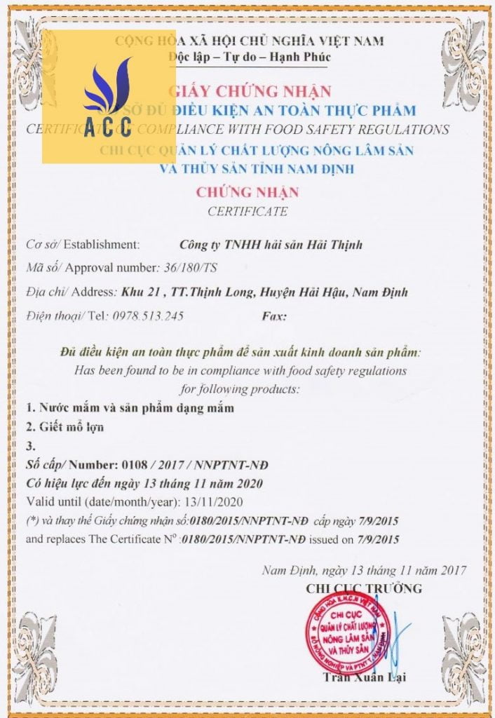 giấy chứng nhận an toàn thực phẩm nước mắm