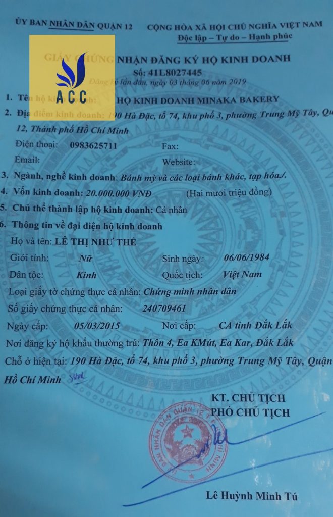 giấy chứng nhận đăng ký hộ kinh doanh bánh