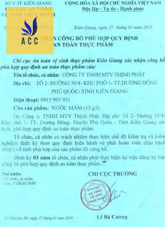 Xác nhận công bố hợp quy nước mắm
