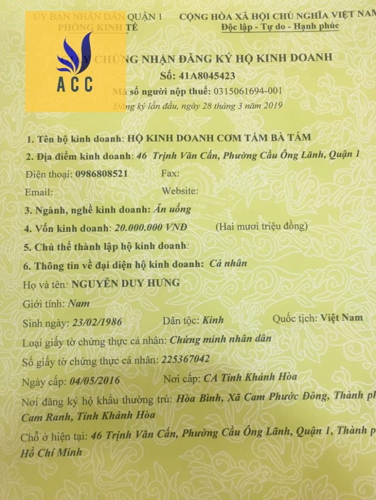 Giấy phép hộ kinh doanh quán ăn hàng ăn