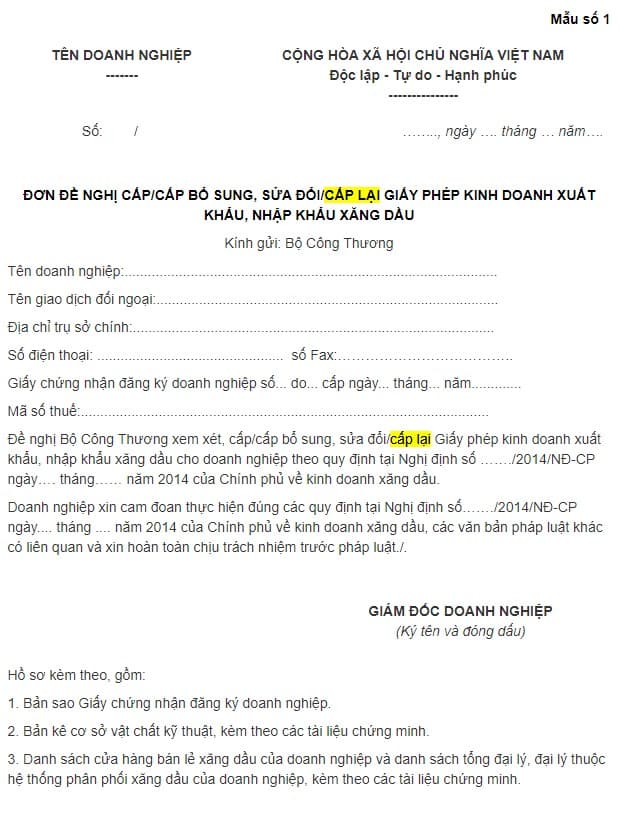 Đơn Đề Nghị Cấp Lại Giấy Phép Kinh Doanh Xuất Khẩu, Nhập Khẩu Xăng Dầu
