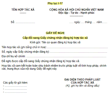 Giấy Đề Nghị Cấp Đổi Sang Giấy Chứng Nhận Đăng Ký Hợp Tác Xã
