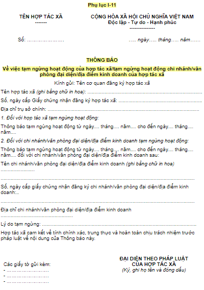 Mẫu Thông Báo Về Việc Tạm Ngừng Hoạt Động Của Văn Phòng Đại Diện Của Hợp Tác Xã 