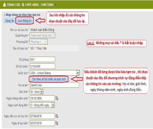 Điền thông tin đăng ký tạm trú online