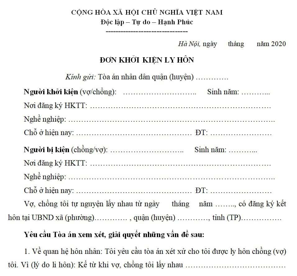 Mẫu đơn ly hôn khởi kiện