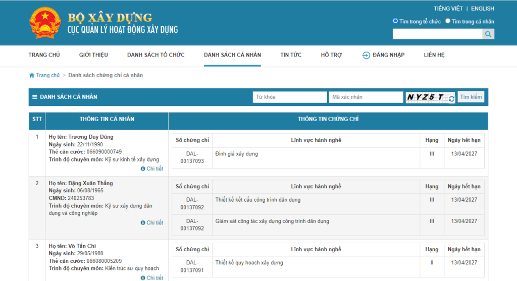 tra cứu chứng chỉ năng lực xây dựng