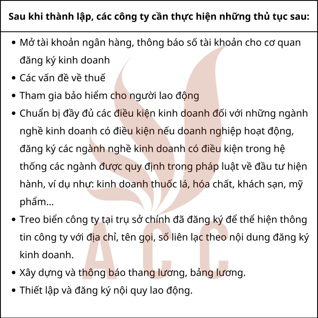 Thủ tục sau khi thành lập công ty