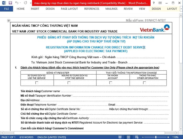 Mau Dang Ky Nop Thue Dien Tu Ngan Hang Vietinbank