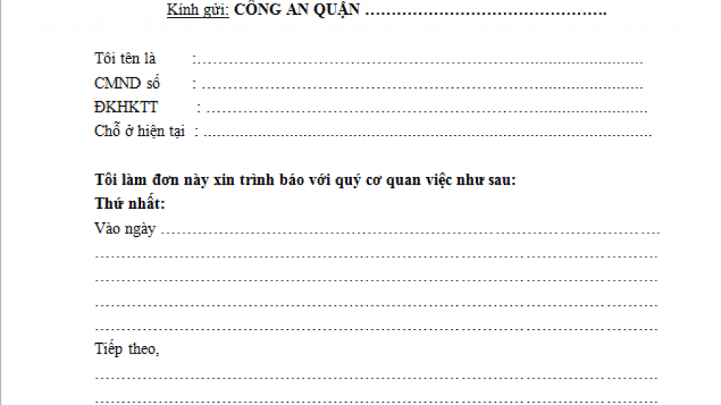 Mẫu đơn Trình Báo Gửi Công An Mới Nhất Hiện Nay