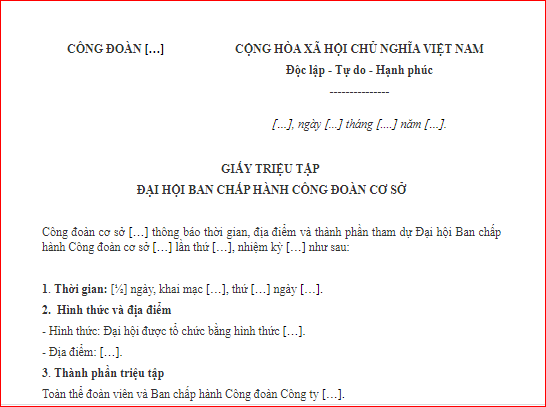 Mẫu Giấy Triệu Tập đại Hội Công đoàn 1