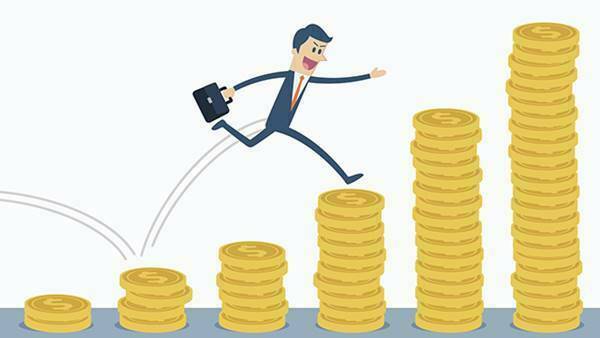 Businessman Run And Jump On Money Stairs.