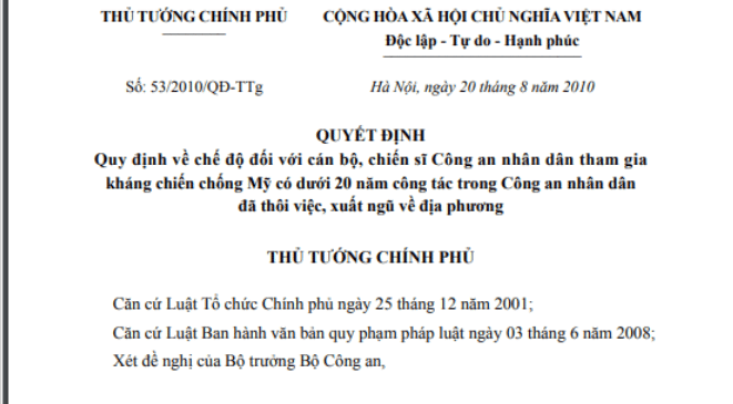 Quyết định 53/2010/QĐ-TTg chế độ cán bộ, chiến sĩ Công an