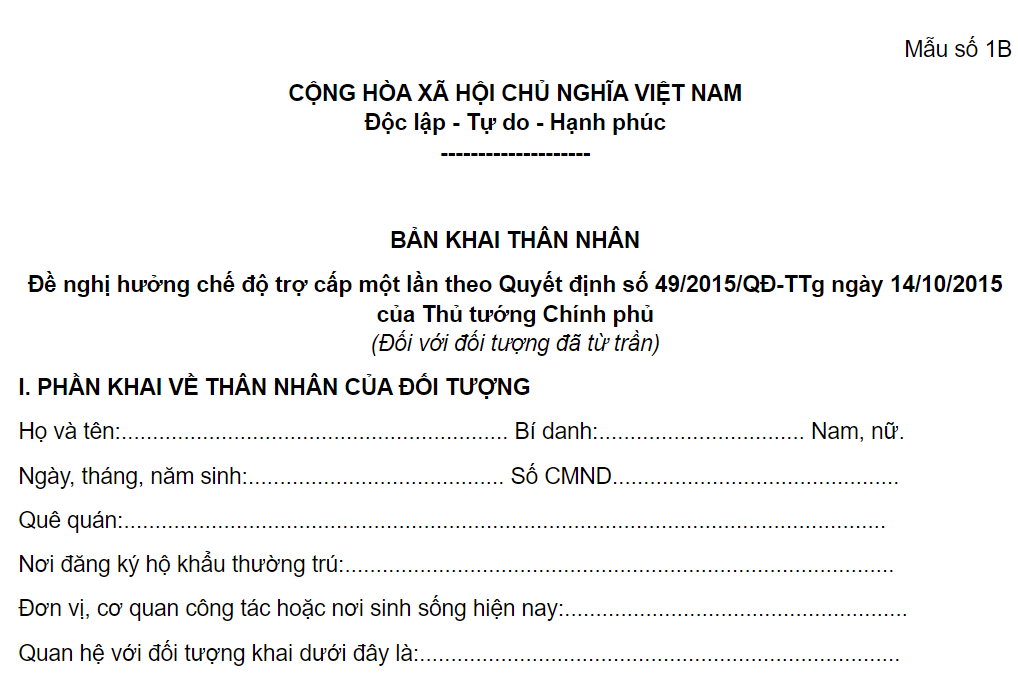 MẪU 1B QUYẾT ĐỊNH SỐ 49/2015/QĐ-TTG