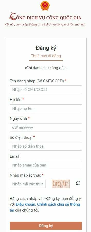Đăng ký tài khoản Cổng dịch vụ công Quốc gia