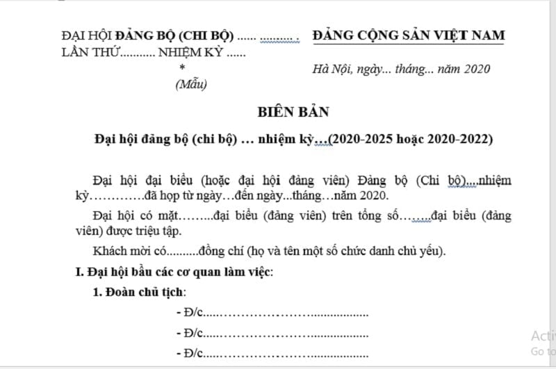 Mẫu Biên Bản đại Hội Chi Bộ