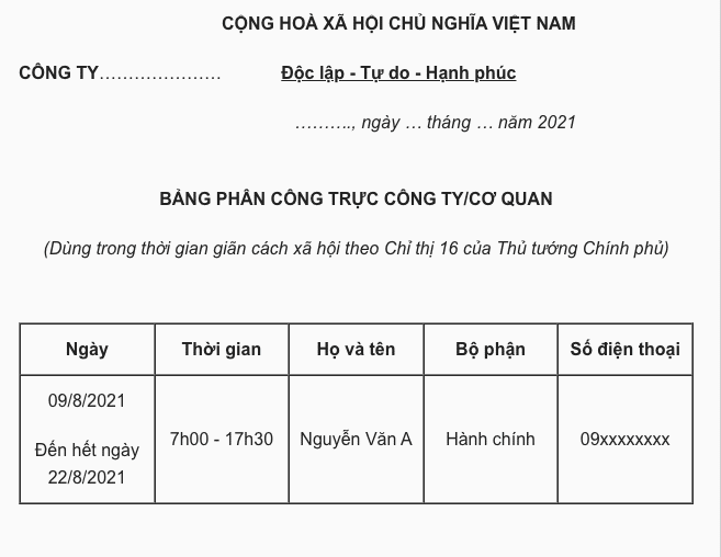 Mẫu Phân Công Lịch Làm Việc Mới Theo Quy định