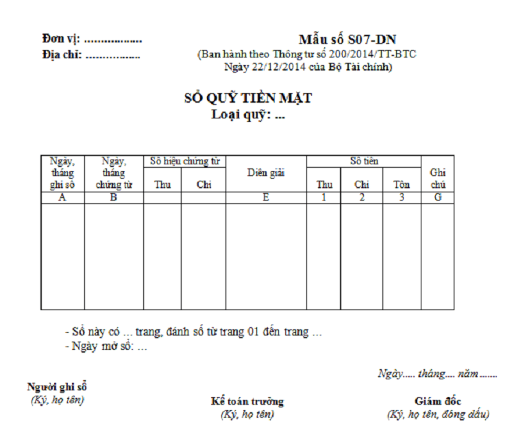 Mẫu Sổ Kế Toán Chi Tiết Quỹ Tiền Mặt Theo Thông Tư 200