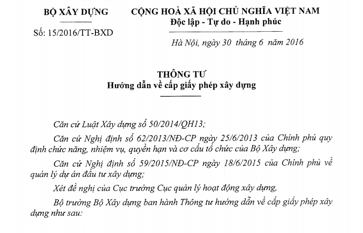Thông Tư 152016tt Bxd Hướng Dẫn Về Cấp Giấy Phép Xây Dựng