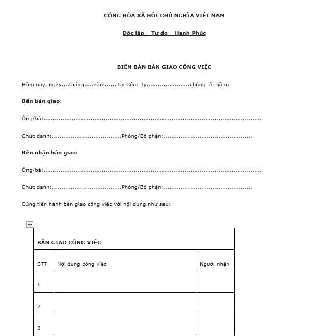 Mẫu Biên Bản Bàn Giao