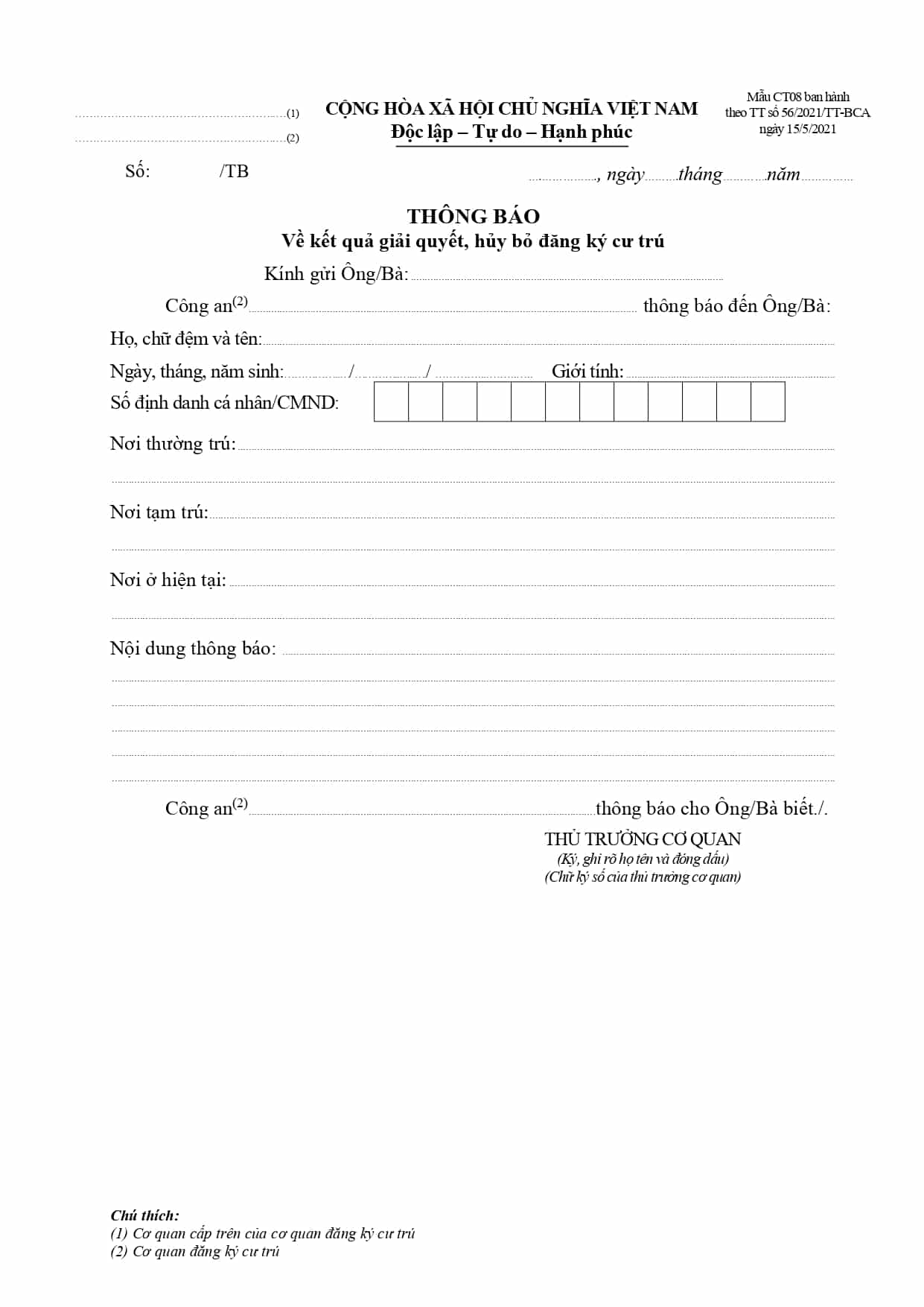 Ct08 Thông Báo Kết Quả Giải Quyết, Hủy Thủ Tục đăng Ký Cư Trú Page 0001