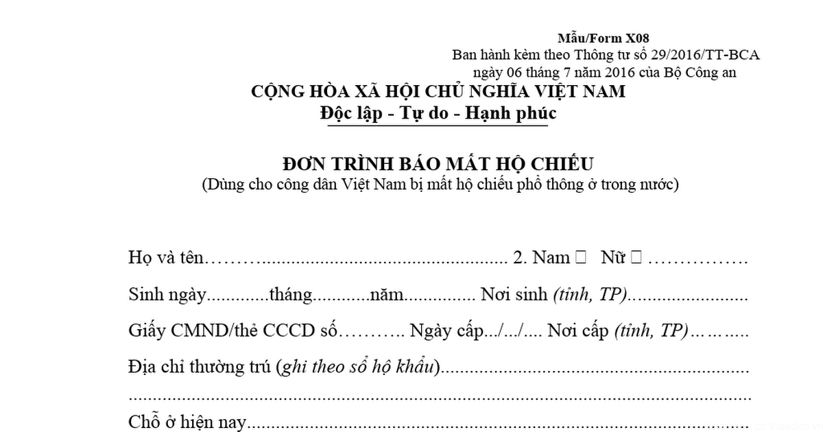 Mẫu đơn Trình Báo Mất Hộ Chiếu Cho Người Nước Ngoài