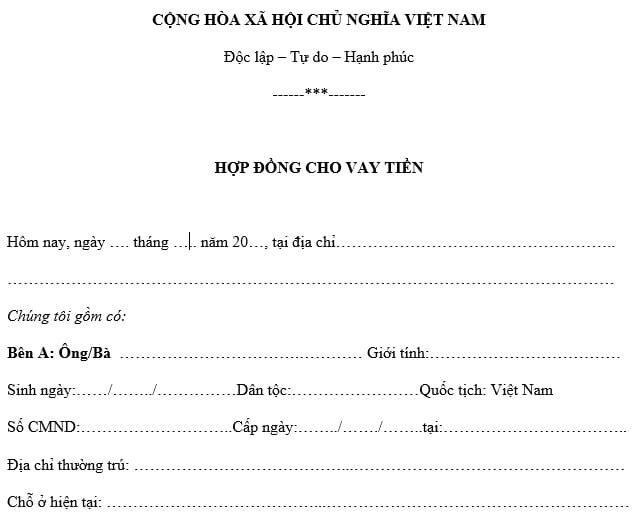Mẫu Hợp đồng Vay Tín Chấp Không Thế Chấp Tài Sản Mới 2022